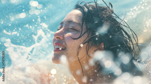 ビーチで水遊びをしてはしゃぐ日本人の若い女性