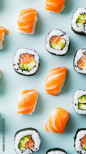 Delicious fresh salmon nigiri and sushi rolls. Light background. Asiatic cuisine. Aesthetic food concept. Generative AI