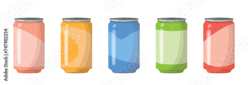 Soda set in aluminum cans. Drinks in colored packaging. Cold drinks sign. Carbonated non-alcoholic water. Vector illustration isolated on white background.