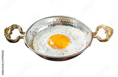Breakfast with fried egg in a skilet with tomatoes and bacon. Isolated, Transparent background. photo