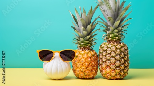 Pineapple and coconut wearing sunglasses with sunblock