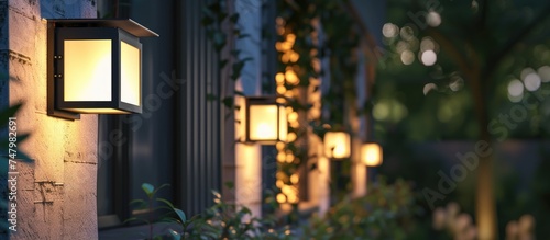 A highly efficient solar motion sensor wall light is mounted on the side of a building, providing secure outdoor lighting when motion is detected. The light is activated by a solar-powered motion photo