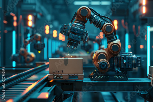 Automation factory concept with 3d rendering robot arms with boxes on conveyor line in factory. Generative AI
