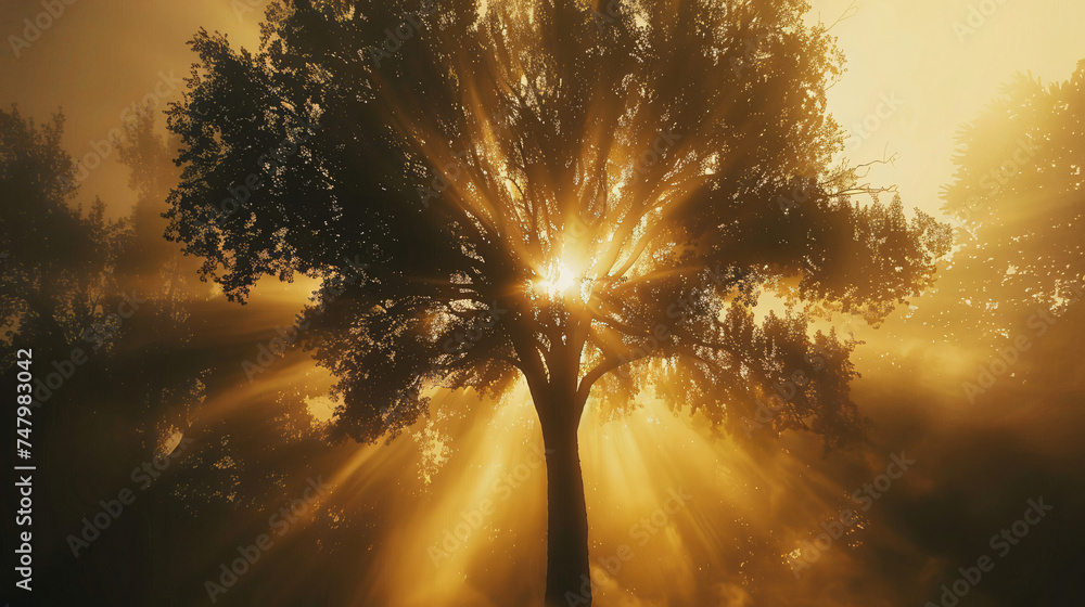 Silhouette tree backlight sun - obrazy, fototapety, plakaty 
