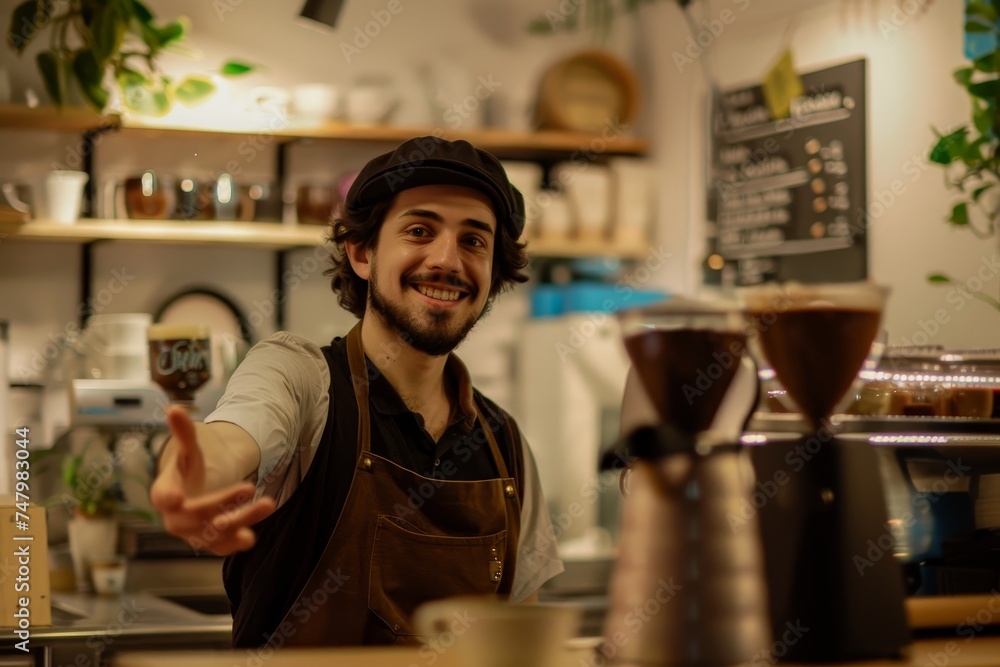 Barista Introducing New Drinks - A smiling barista behind the counter, gesturing towards an area where the day's special drinks could be displayed. Barista Introducing New Drinks - A smiling barista behind the counter, gesturing towards an area where the day's special drinks could be displayed.