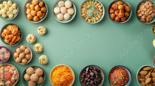 Bowls with different eastern sweets for Ramadan kept on a green surface with top view and a space for text or product, Generative AI. photo