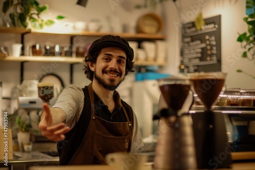 Barista Introducing New Drinks - A smiling barista behind the counter, gesturing towards an area where the day's special drinks could be displayed.