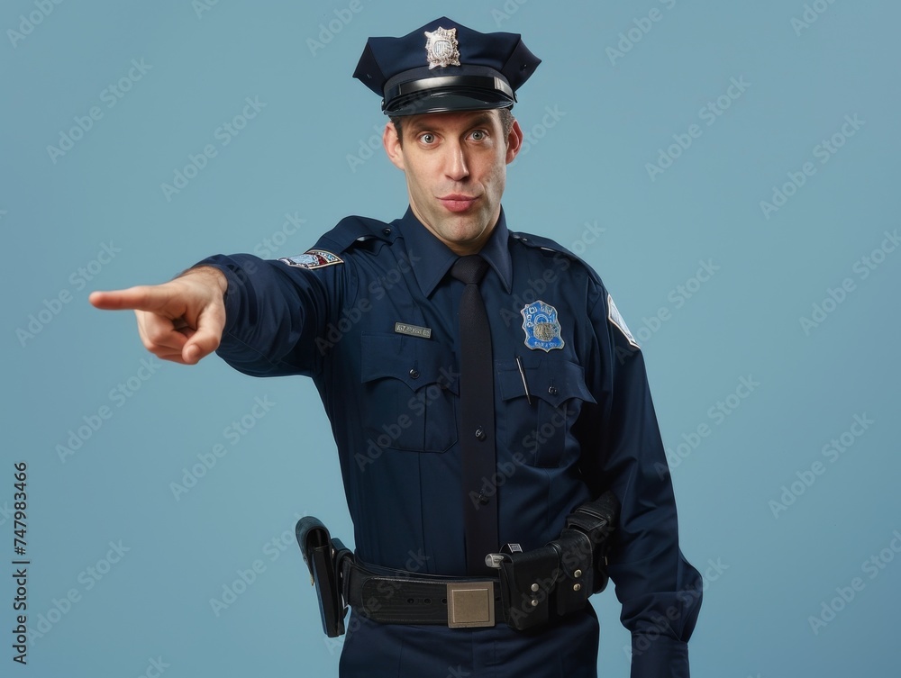 Police Officer Pointing to Public Notices - A police officer gesturing towards an invisible space for important community alerts or safety notices. Police Officer Pointing to Public Notices - A police officer gesturing towards an invisible space for important community alerts or safety notices.