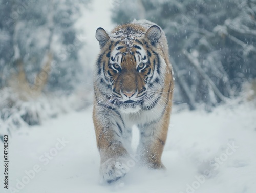 A big tiger runs on a winter road
