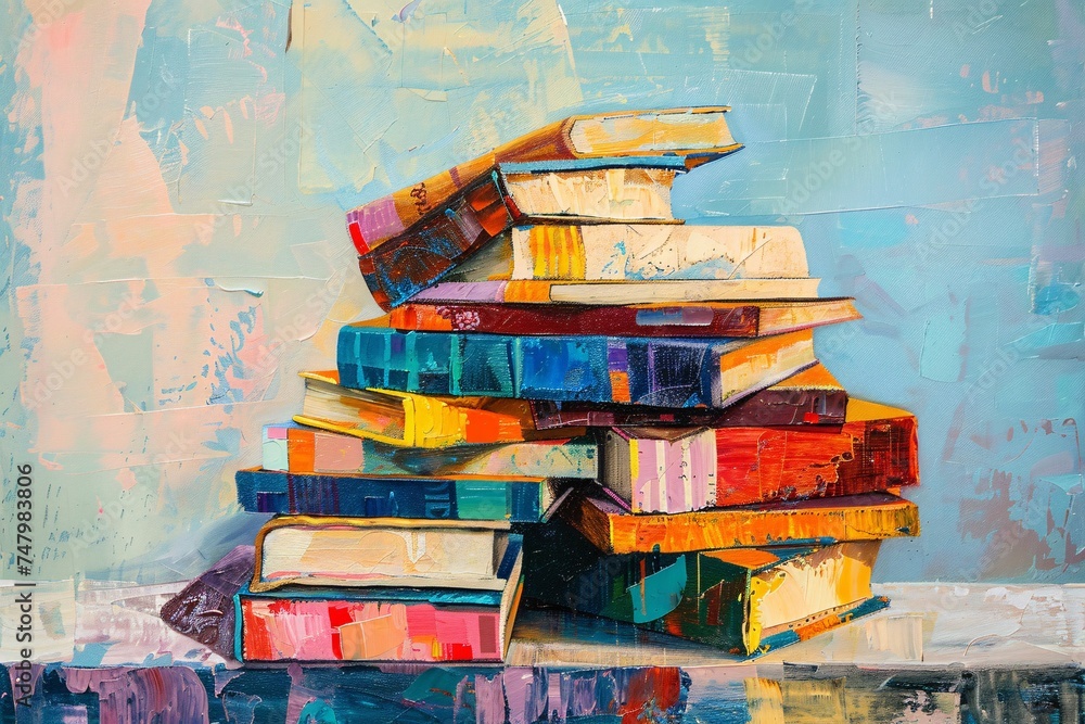 Stacked Books A Colorful and Vibrant Artwork for Monthly Book Club Meetings Generative AI