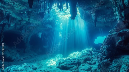 Cave diving into unexplored underwater systems. photo