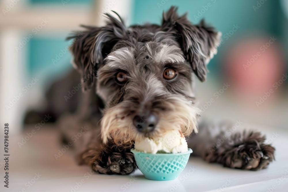 A purebred dog happily eats ice cream on a blurred kitchen background, with space for copy text.