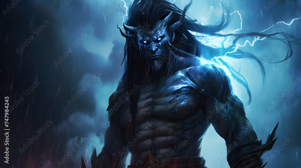 Demon with blue lightning, devil. Neural network AI generated art Demon with blue lightning, devil. Neural network AI generated art