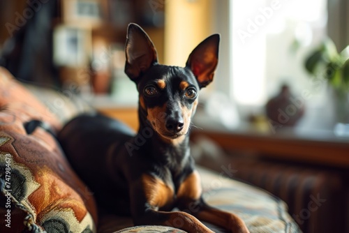 A cute purebred dog lies on a comfortable sofa in a modern bright living room. ​