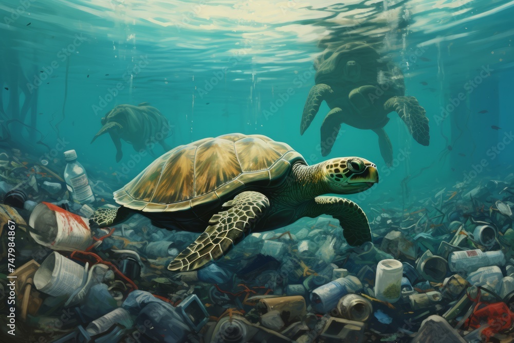 Turtles swim in the ocean or sea among plastic bottles and garbage. Concept of plastic water pollution and environmental problem of ocean, environment
