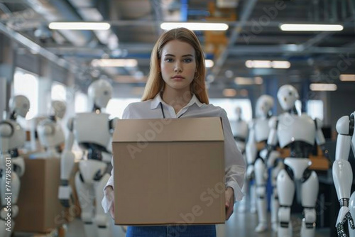 Fired office worker holding a box with her belongings and leaving the office, many android robots working with computers in the background. Generative AI