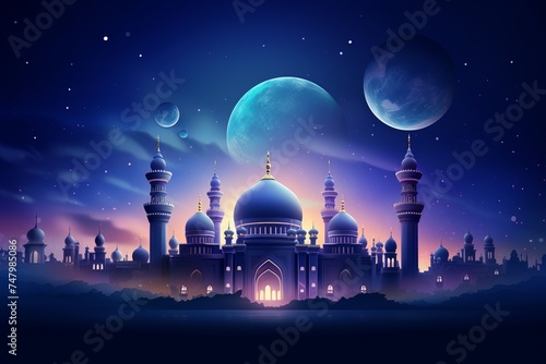 Beautiful illustration of Ramadan with Islamic mosque, crescent and stars on dark blue twilight sky. Concept of religion Ramadan Eid al-Adha, Eid al-Fitr. 