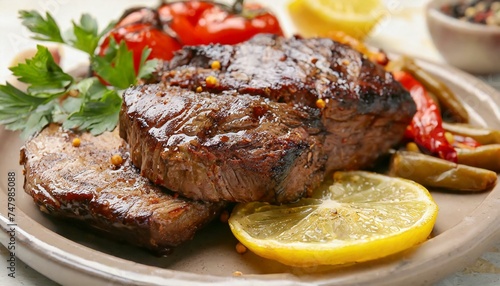Delicious Grilled Beef with Vegetables and Lemon on Table: Close-Up