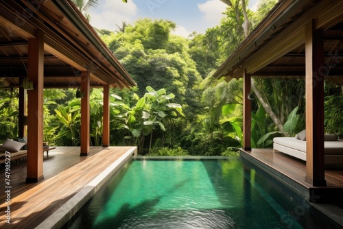 A swiming pool in a Bali style lounge with wood slat flooring and tropical backyard