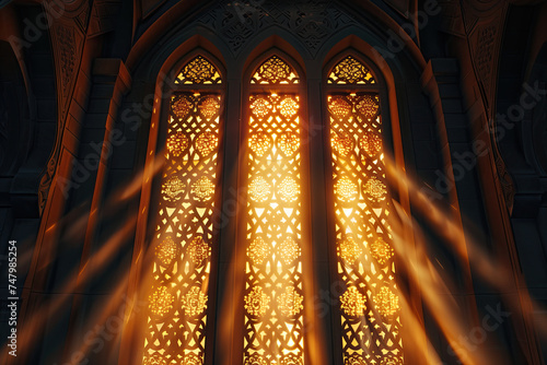 islamic mosque window with golden metal windows. warm sunlight trough the islamic mosque windows ornament. ramadan kareem holiday celebration concept