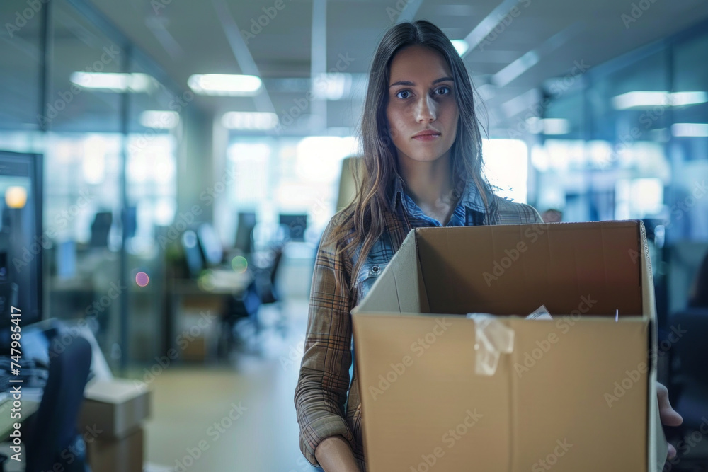 Fired office worker holding a box with her belongings and leaving the office, many android robots working with computers in the background. Generative AI Fired office worker holding a box with her belongings and leaving the office, many android robots working with computers in the background. Generative AI