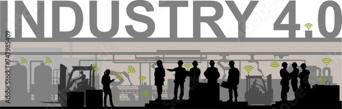Vektor Silhouetten Industrie 4.0 - Produktion und Fertigung mit Anlagen und Robotern - Personen planen im Projekt in der Produktionshalle - Technologie