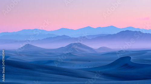 A desert landscape, with swirling sand dunes in the distance as the background, during a quiet evening at dusk