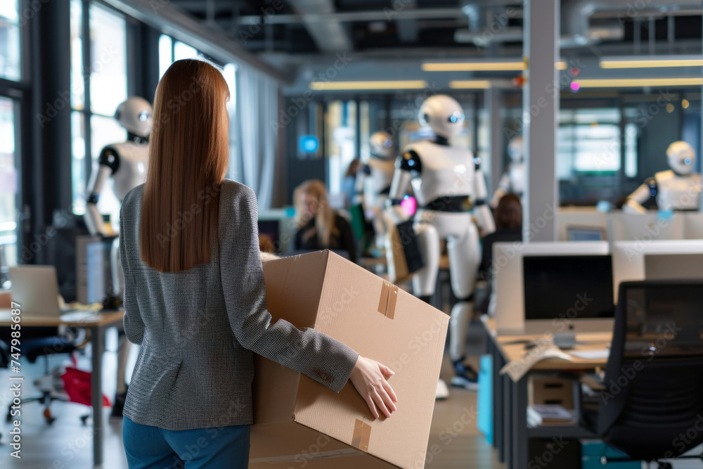 Fired office worker holding a box with her belongings and leaving the office, many android robots working with computers in the background. Generative AI Fired office worker holding a box with her belongings and leaving the office, many android robots working with computers in the background. Generative AI