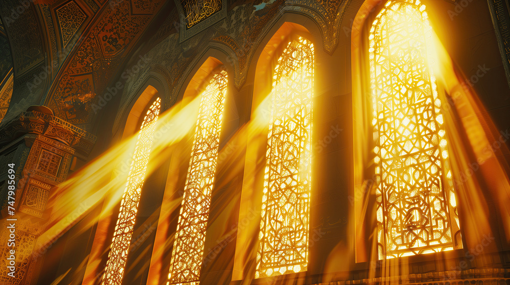 Naklejka premium islamic mosque window with golden metal windows. warm sunlight trough the islamic mosque windows ornament. ramadan kareem holiday celebration concept