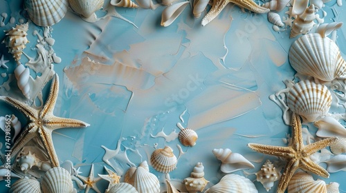Seashells and starfish on blue background with copy space. Generative AI.