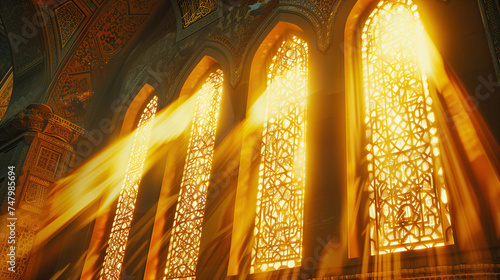 islamic mosque window with golden metal windows. warm sunlight trough the islamic mosque windows ornament. ramadan kareem holiday celebration concept