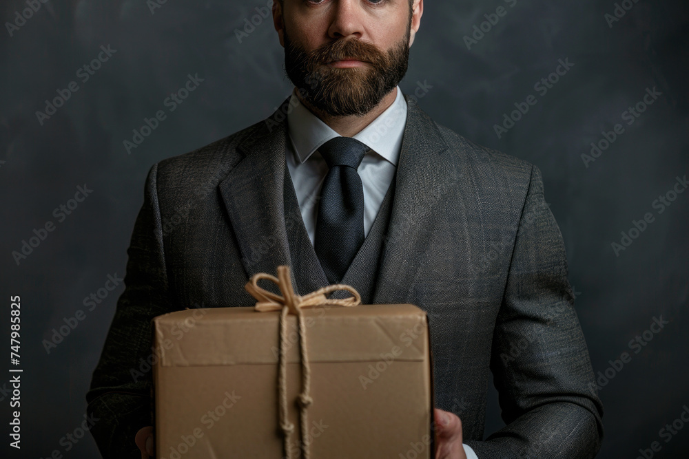 Cropped image of handsome businessman in formal wear holding a box with his stuff, on gray background. Generative AI Cropped image of handsome businessman in formal wear holding a box with his stuff, on gray background. Generative AI