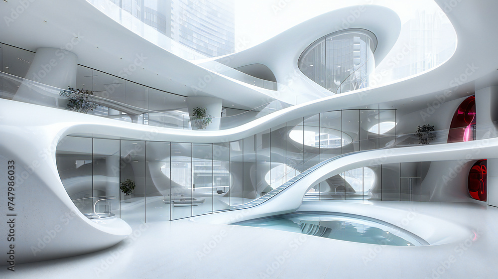 Modern Architectural Interior with Light-Filled Hall and Pool, Futuristic Urban Gallery Space, Luxury Design Modern Architectural Interior with Light-Filled Hall and Pool, Futuristic Urban Gallery Space, Luxury Design