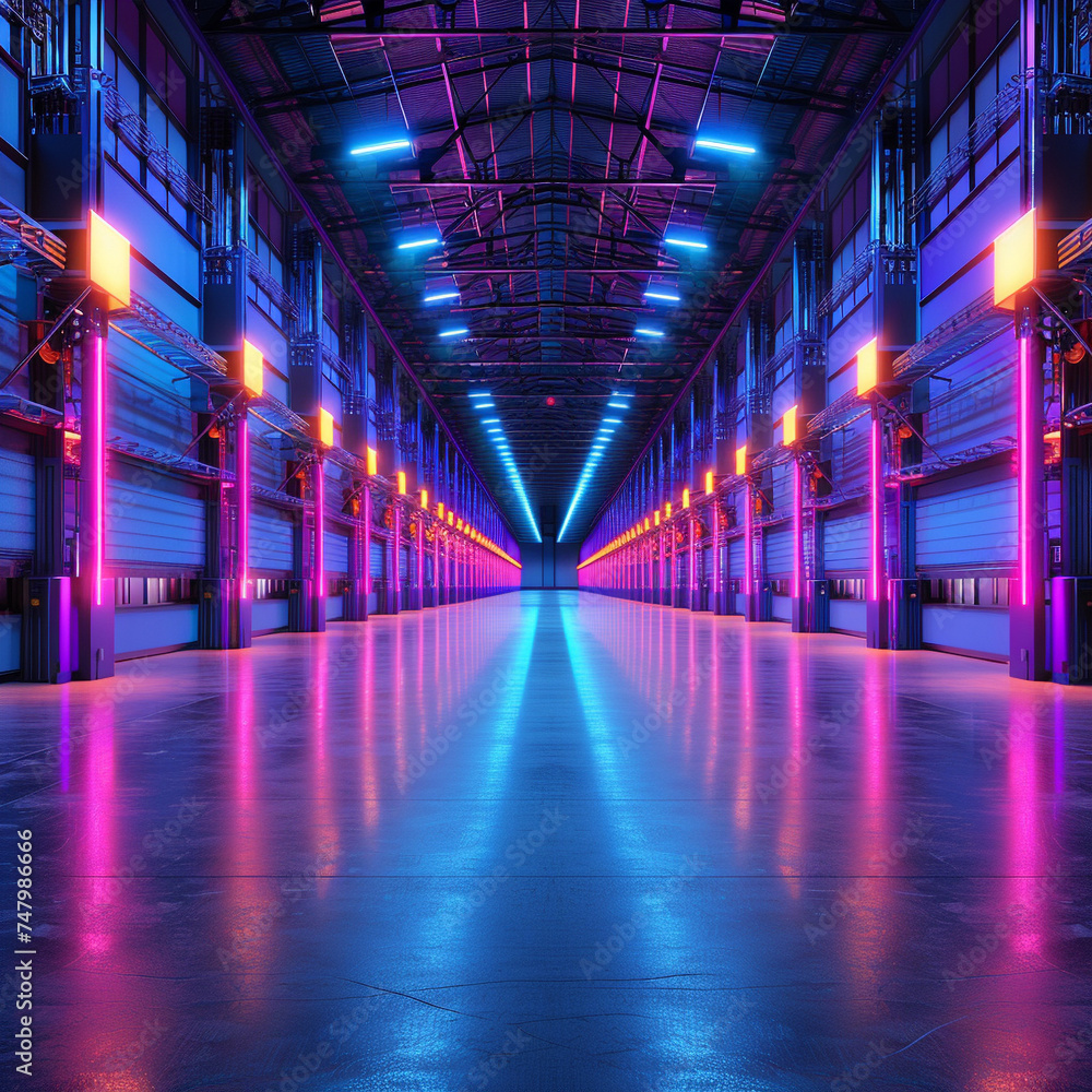 Automated neon logistics in vibrant warehouses, a ballet of goods and efficiency Automated neon logistics in vibrant warehouses, a ballet of goods and efficiency