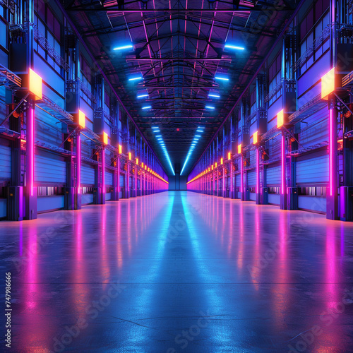 Automated neon logistics in vibrant warehouses, a ballet of goods and efficiency