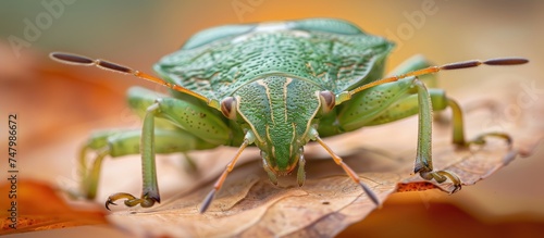 A close-up view of an adult common green shieldbug photo
