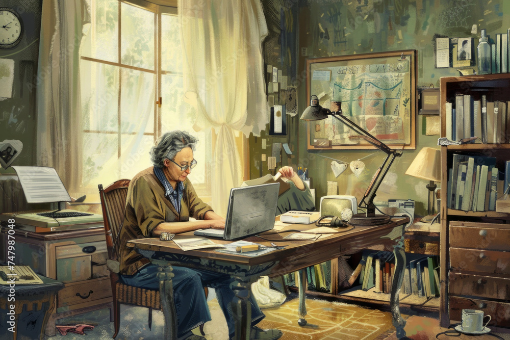 Middle-aged man telecommuting from his shabby home. Generative AI Middle-aged man telecommuting from his shabby home. Generative AI