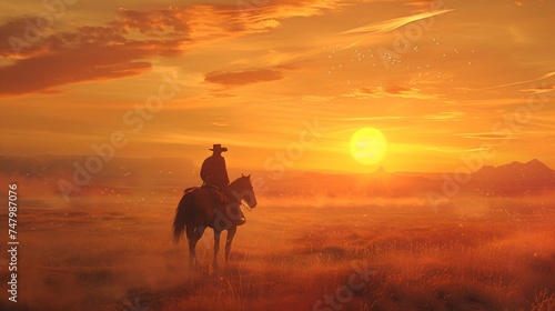 a man riding a horse in a field with a sunset