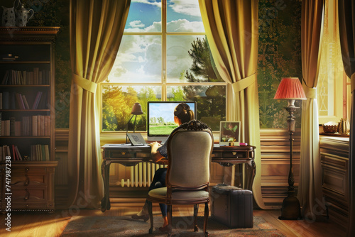 Middle-aged man telecommuting from his wealthy home. Generative AI
