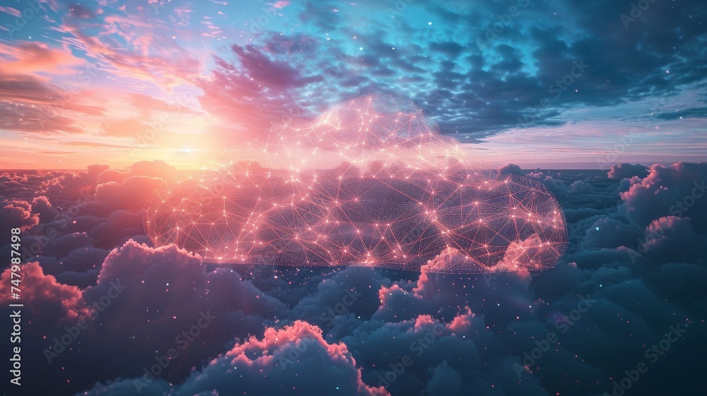 Cloud computing clouds merging with real clouds at sunset. Cloud computing clouds merging with real clouds at sunset.
