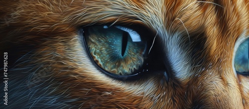 A detailed view of an Abyssinian cats face, highlighting its mesmerizing blue eyes. The cat is gazing intently, giving a glimpse of its mystical eyes.