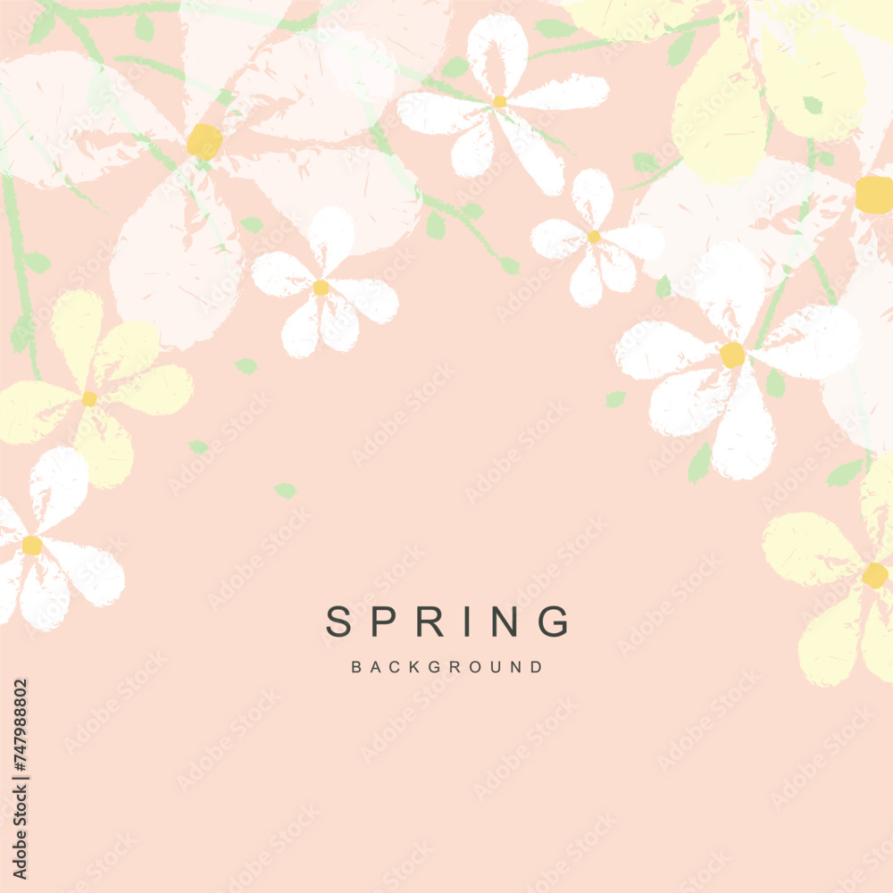 Spring abstract vector background with cute simple blooming flowers and leaves on a pink background. Artistic illustration for card, banner, invitation, social media post, poster, advertisement
