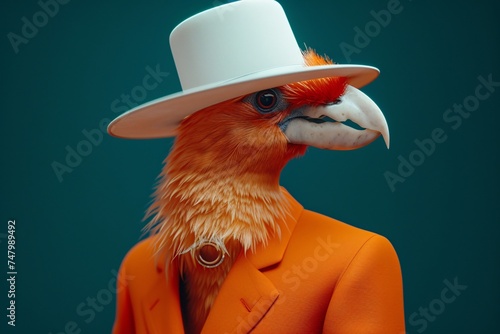 a bird wearing a suit and hat