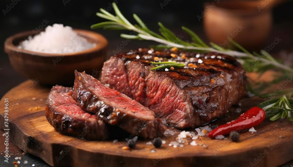 Succulent Grilled Steak Ready to Serve. Juicy beef seasoned with herbs and spices on a wooden board with coarse salt and a red chili, a gourmet dining experience.