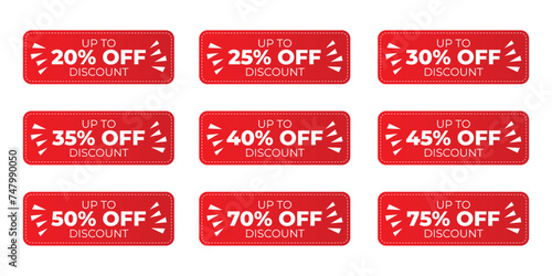 Discount clearance sale red sticker. Sale price tag or label with ten to ninety percent off set for shopping vector illustration isolated on white background