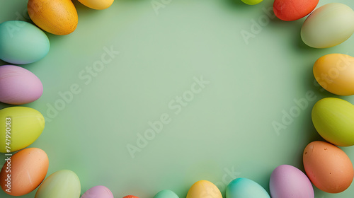 Easter wallpaper with colorful easter eggs  on a green background with copy space