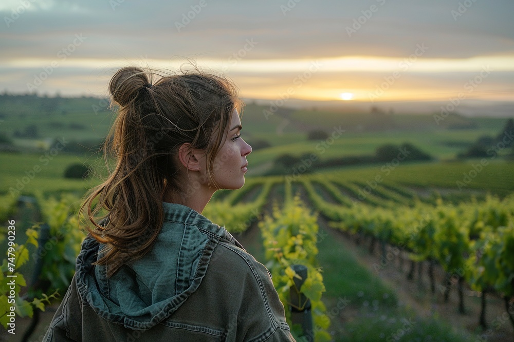 Woman Gazes at Expansive Vineyard Scene

