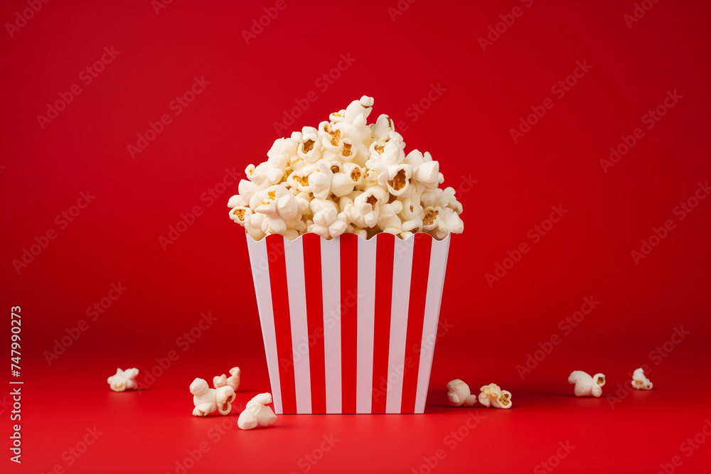 Salted popcorn in a little striped box on red background with copy space. Classic snack on cinema date concept.