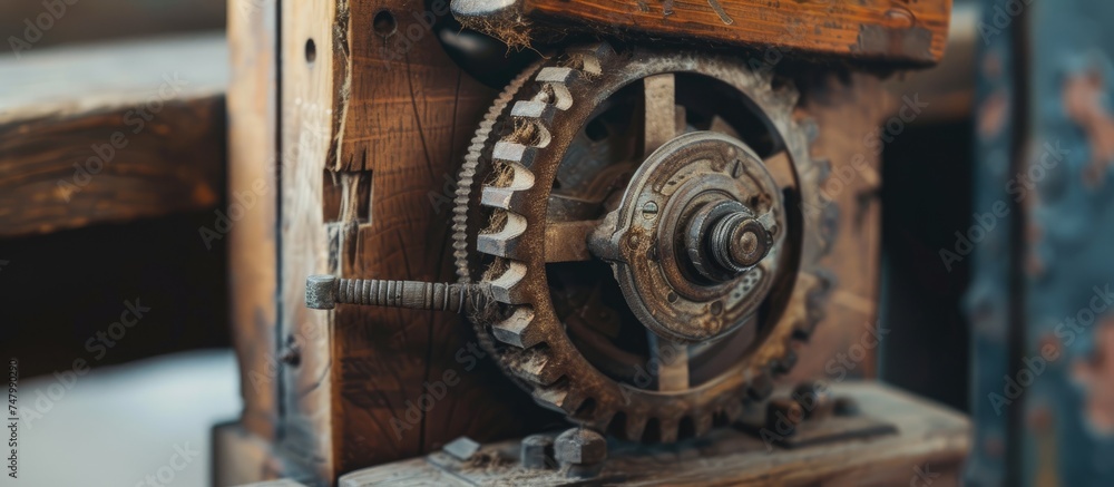 This close-up shot features an antique wooden clock with visible gears, showcasing its intricate mechanism and vintage charm. The wooden structure exudes a timeless appeal, highlighting the This close-up shot features an antique wooden clock with visible gears, showcasing its intricate mechanism and vintage charm. The wooden structure exudes a timeless appeal, highlighting the