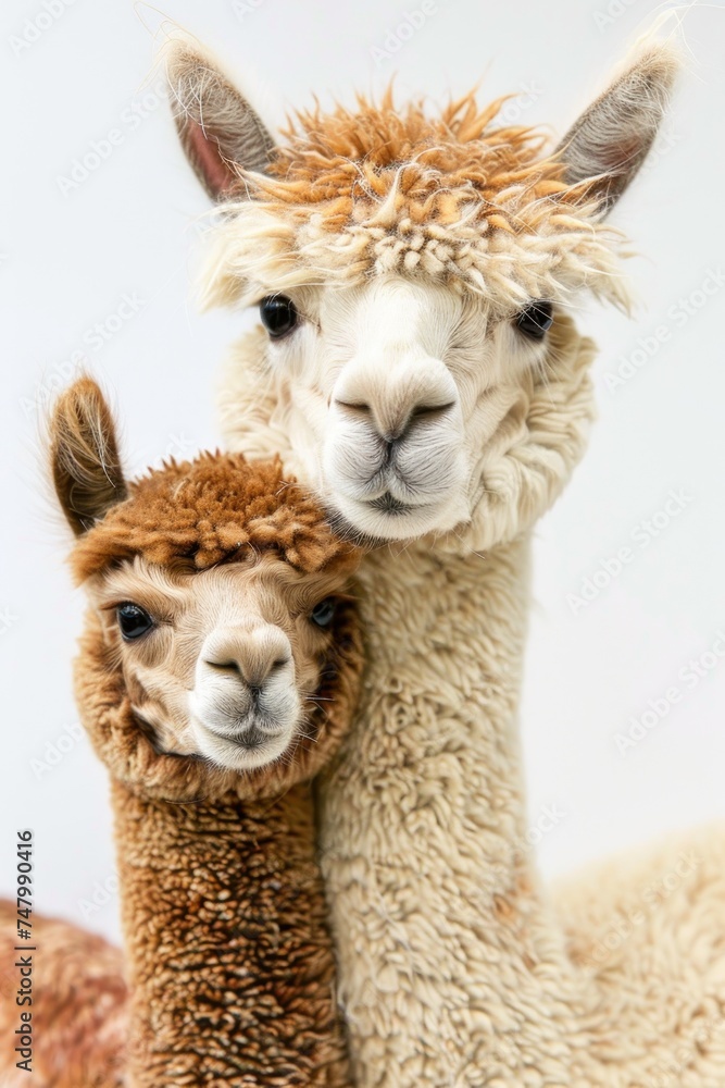 Cute alpaca with alpaca baby isolated on white, greeting card art